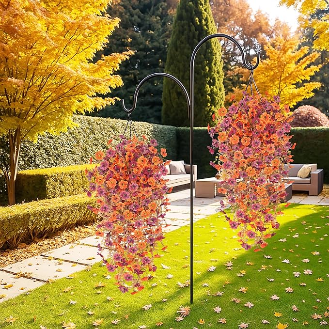 4PCS Fall Artificial Hanging Flowers Plants for Outdoors, 4Pcs Faux Silk Flowers with Eucalyptus Leaves, Fake Fall Flowers for Autumn Home Patio Porch Outside Decor (Orange Red)