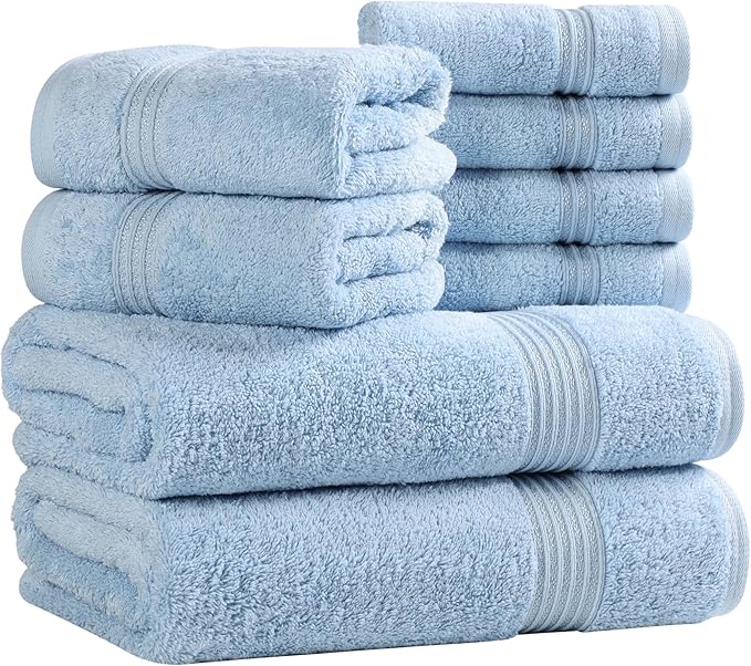 Superior Egyptian Cotton 8-Piece Towel Set, Assorted Towels for Home Bathroom, Guest Bath Decor Essentials, Includes 2 Bath, 4 Hand, 2 Face Towels/Washcloths, Quick Dry, Absorbent, Light Blue