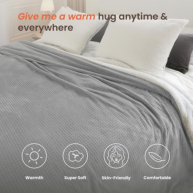 Heated Blanket Electric Blanket King Waffle,90x100 Inches Sherpa Fleece Fast Heating Blanket 6 Heating Levels & 10 Hours Auto Off ETL Certification,Light Grey King