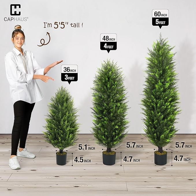 CAPHAUS 5 FT Artificial Cedar Tree Set of 2-60 Inch UV Resistant Faux Topiary Trees with Dried Moss for Indoor/Outdoor | Porch, Patio & Garden Decor