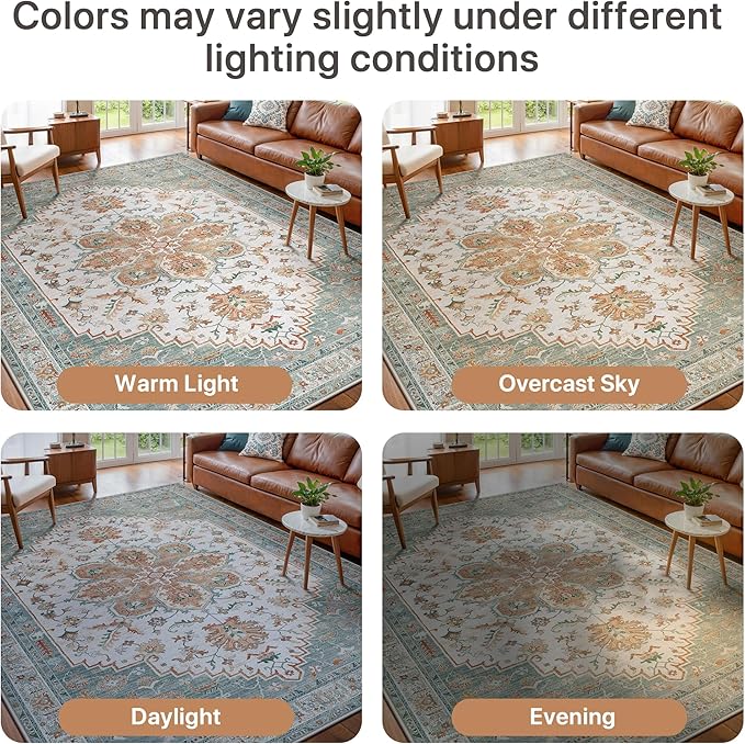 GENIMO 5X7 Area Rugs for Living Room, Machine Washable Vintage Floor Cover Foldable Modern Non Slip Rug, Low Pile Soft Indoor Carpet Floral Print Mat Rug,Bedroom/Dining Room/Home Office, Mint Green