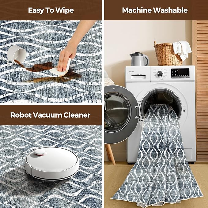 WITSHOCK Boho 8x10 Rugs for Bedroom - Washable Non-Slip Large Thin Indoor Rug for Living Room Dining Room, Soft Modern Geometric Low Pile Print Dark Blue Carpet for Nursery, Kid & Pet Friendly