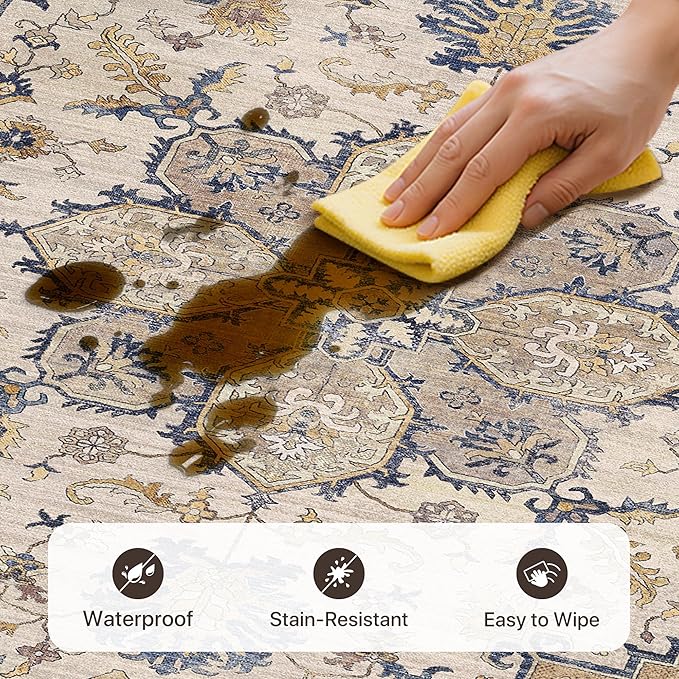 GENIMO 8X10 Area Rugs for Living Room, Machine Washable Vintage Floor Cover Foldable Modern Non Slip Rug， Low Pile Soft Indoor Carpet Floral Print Mat Rug,Bedroom/Dining Room/Home Office,Beige