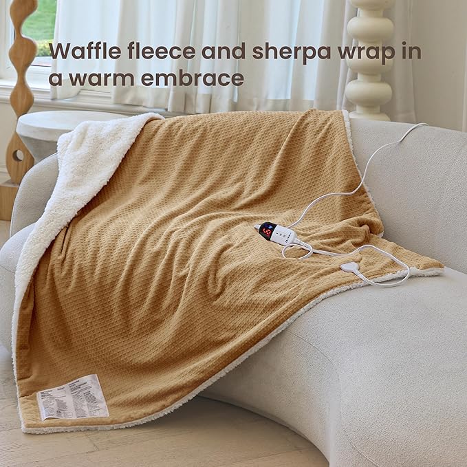 Heated Blanket Electric Blanket Twin Waffle, 62x84 Inches Sherpa Fleece Fast Heating Blanket 6 Heating Levels & 10 Hours Auto Off ETL Certification, Apricot Orange Twin