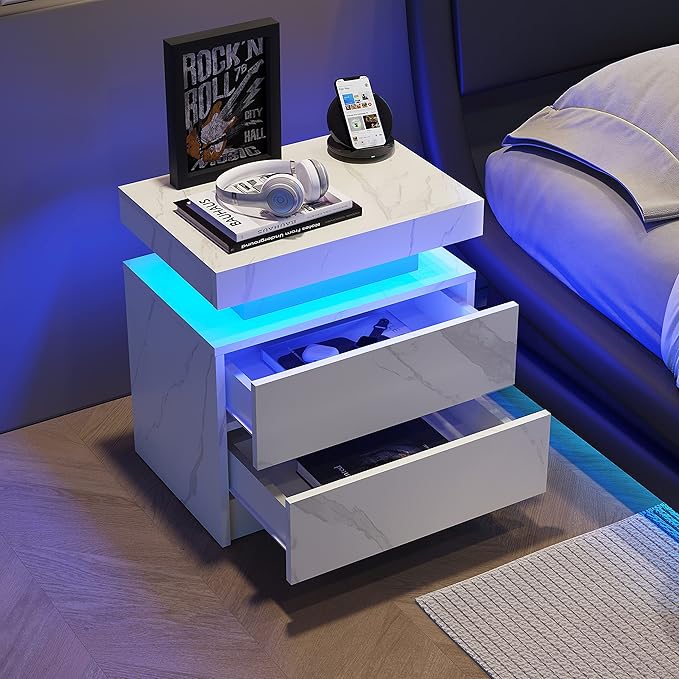 LED Nightstands Set of 2, Modern End Side Table with 2 Drawers, LED Bedroom Furniture for Bedroom and Living Room, White Marble Pattern