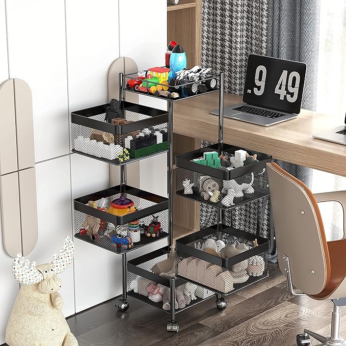 Fruit and Vegetable Basket for Kitchen No Assembly， Rotating Storage Rack,Bathroom Storage Shelf, Kitchen Organizers and Storage Cart on Rolling Wheels(Black, 5 Tier-Square)