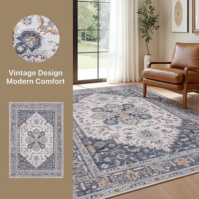 GENIMO 5X7 Area Rugs for Living Room, Machine Washable Vintage Floor Cover Foldable Modern Non Slip Rug, Low Pile Soft Indoor Carpet Floral Print Mat Rug,Bedroom/Dining Room/Home Office,Navy Blue