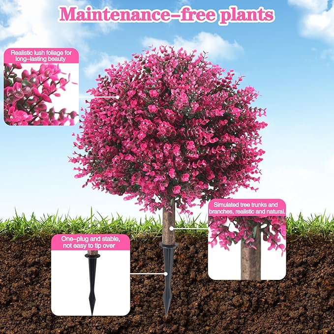 Set of 2 Pack Large Artificial Rose Boxwood Topiary Ball Tree, 24.8" Tall Outdoor Simulated Bushes UV Resistant with Ground Spike, Faux Rose Plants for Outside, Front Porch, Home Garden Decor