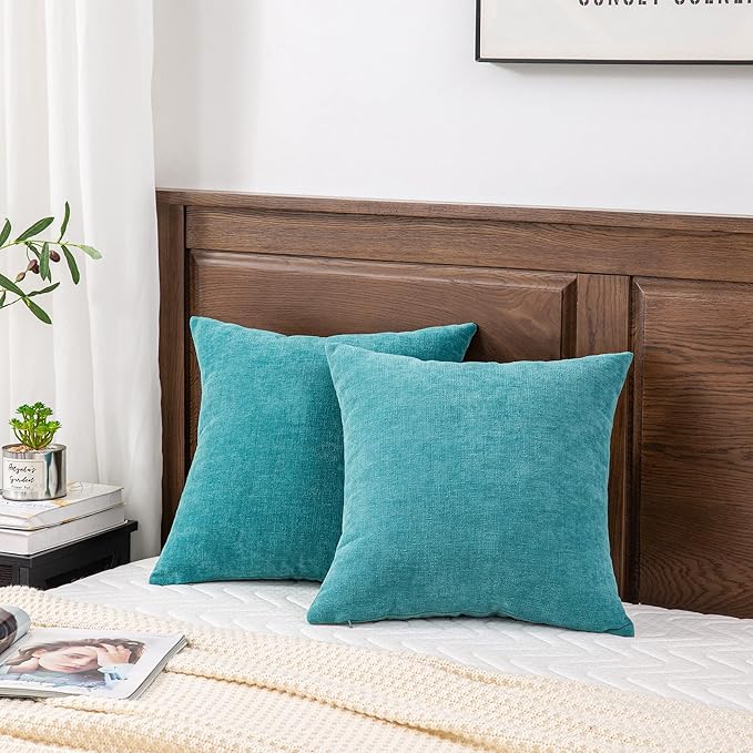 GAWAMAY Decorative Chenille Throw Pillow Covers 26x26 Inch Pack of 2, Soft Square Couch Pillow Cover for Sofa Cushion Living Room Bedroom Solid Dyed Oversized Pillowcases Teal 66x66cm (ONLY Covers)