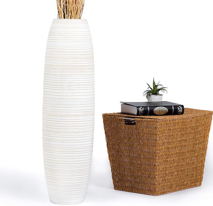 Leewadee Large White Wash Home Decor Floor Vase – Wooden 34 inches Tall Farmhouse Decor Flower Holder for Fake Plant and Pampas Grass