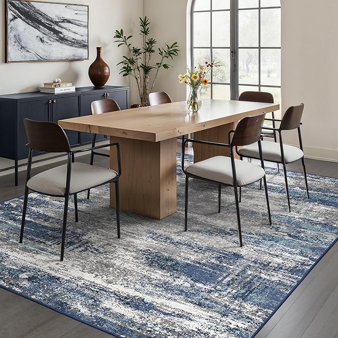 GENIMO Rugs for Bedroom-Washable 6x9 Area Rugs Lightweight Low Pile, Abstract Printed Non-Slip Carpet for Living Room, Playroom, Dining Room, Office, Blue/Ivory