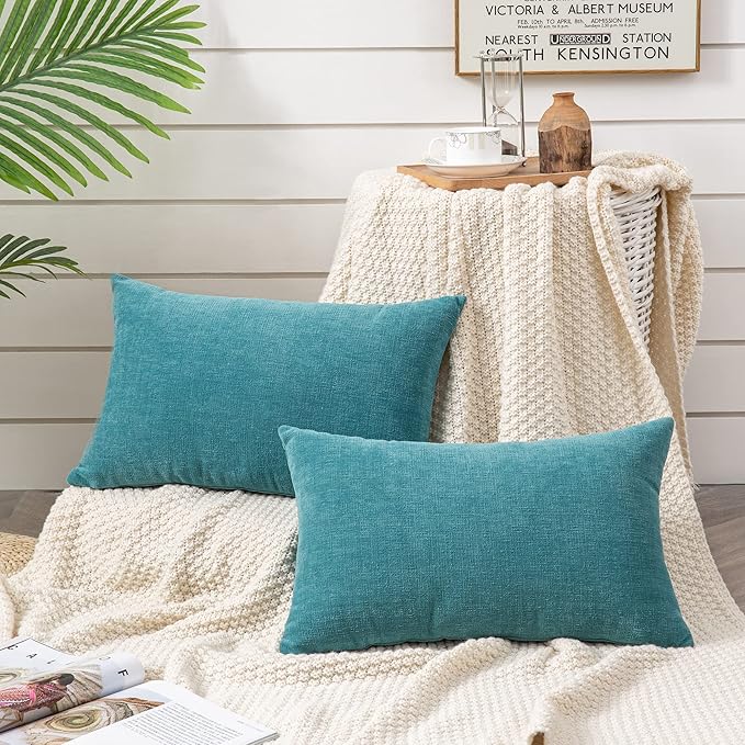 GAWAMAY Decorative Rectangle Throw Pillow Covers 12"x20" Inch Set of 2, Soft Chenille Lumbar Support Pillow Fall Pillowcase for Living Room Bedroom Sofa Couch Cushion Cover Teal 30x50cm (NO Inserts)
