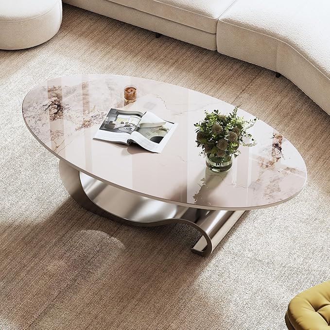 49.2" Oval Marble Coffee Table with Geometric Stainless Steel Base, Modern Sintered Stone Coffee Tables for Living Room, Luxury White Silver Cocktail Center Table Living Room Furniture for Home Decor