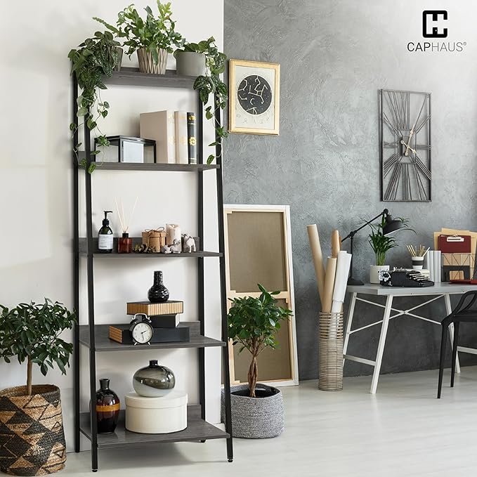 CAPHAUS 5 Tier Ladder Bookshelf, 24 Inch Width Free Standing Shelf, Bookcase Shelf Storage Rack Organizer, Industrial Book Shelves for Home Office, Living Room, Kitchen, Dark Grey, Vintage Shelves