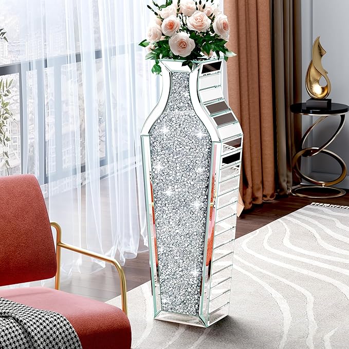 27" Tall Floor Crystal Vase Crushed Diamond Floor Vase Large Silver Vases for Decor Living Room Big Glass vases