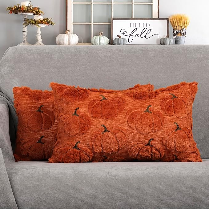 4TH Emotion Fall Pumpkins Decorative Lumbar Pillow Covers 12x20 Set of 2, Dark Rust Red Soft Plush Faux Fur Wool Farmhouse Throw Cushion Cases for Autumn Thanksgiving Holiday Home Decorations