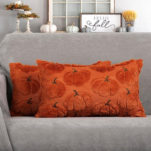4TH Emotion Fall Pumpkins Decorative Lumbar Pillow Covers 12x20 Set of 2, Dark Rust Red Soft Plush Faux Fur Wool Farmhouse Throw Cushion Cases for Autumn Thanksgiving Holiday Home Decorations