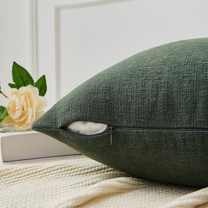 GAWAMAY Decorative Chenille Throw Pillow Covers 26"x26" Inch Pack of 2, Soft Square Couch Pillow Cover for Sofa Cushion Living Room Bedroom Solid Oversized Pillowcases Dark Green 66x66cm (NO Insets)