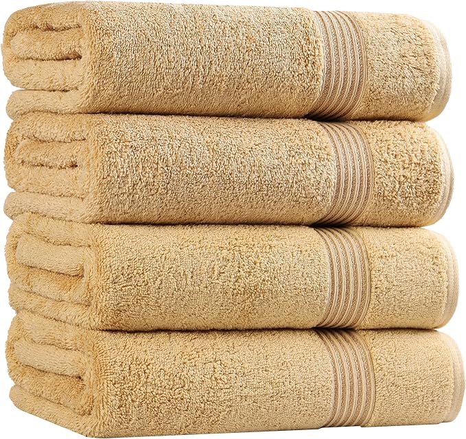 Superior Egyptian Cotton 4-Piece Bath Towel Set for Shower, Bath, Spa, Resort, Hotel, Soft Body Towels, Airbnb Essentials, Apartment, Dorm, Quick Dry, Absorbent, Bathroom Basics, Gold