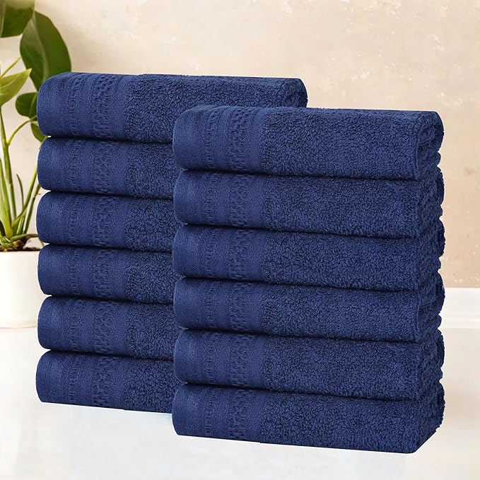 Superior Honeycomb Cotton Medium Weight Towels, for Guest Bath, Master Bathroom, Shower, Adults, Home Essentials, Textured Waffle Border, Assorted Towel Set, 12 Piece Face Towel Set, Navy Peony