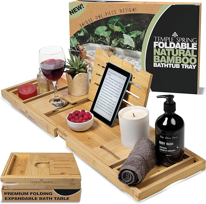 Temple Spring Foldable Bathtub Tray, Unique Design Selfcare Bathroom Caddy, Bamboo Spa Bathroom Tray, Wooden Bathtub Accessories, Wedding Gift/Birthday Gift/New Home Bath Table – Natural