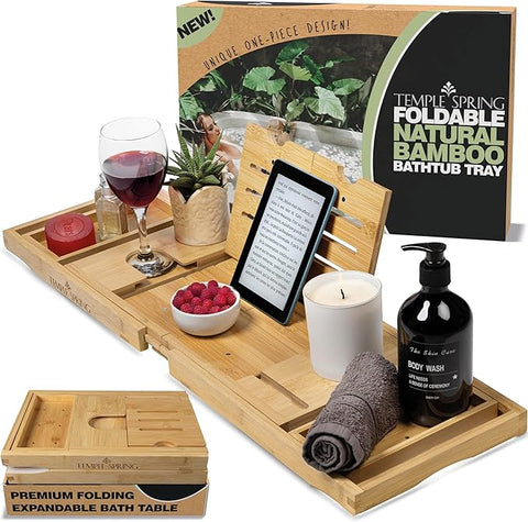 Temple Spring Foldable Bathtub Tray, Unique Design Selfcare Bathroom Caddy, Bamboo Spa Bathroom Tray, Wooden Bathtub Accessories, Wedding Gift/Birthday Gift/New Home Bath Table – Natural
