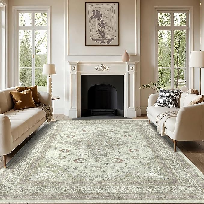 vivorug Sage Green 9x12 Area Rugs for Living Room, Non Slip Machine Washable Vintage Rug, Ultra-Thin Lightweight Large Area Rug for Bedroom, Dining Room, Low Pile Rug