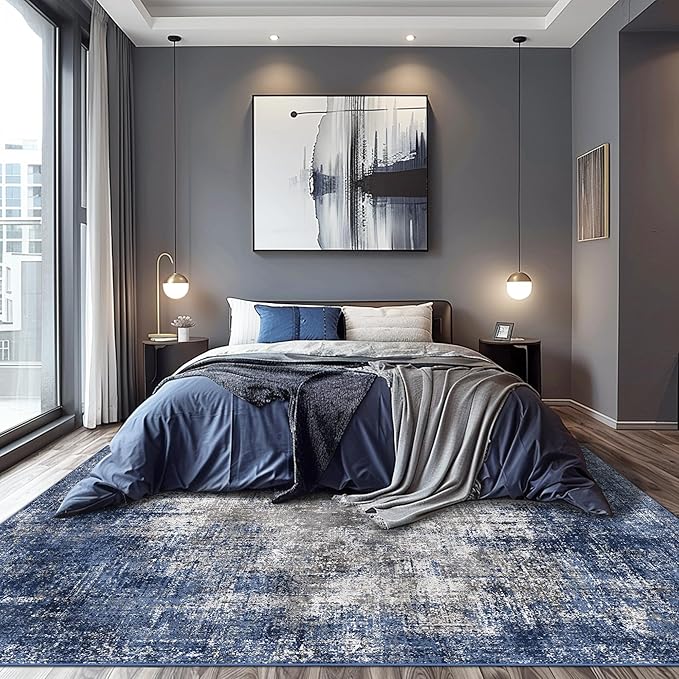 GENIMO Washable Area Rugs for Living Room Bedroom, 10x14 Modern Abstract Non Slip Rug, Low Pile Soft Contemporary Indoor Floor Carpet Cover for Dining Room Kitchen, Blue&Gray