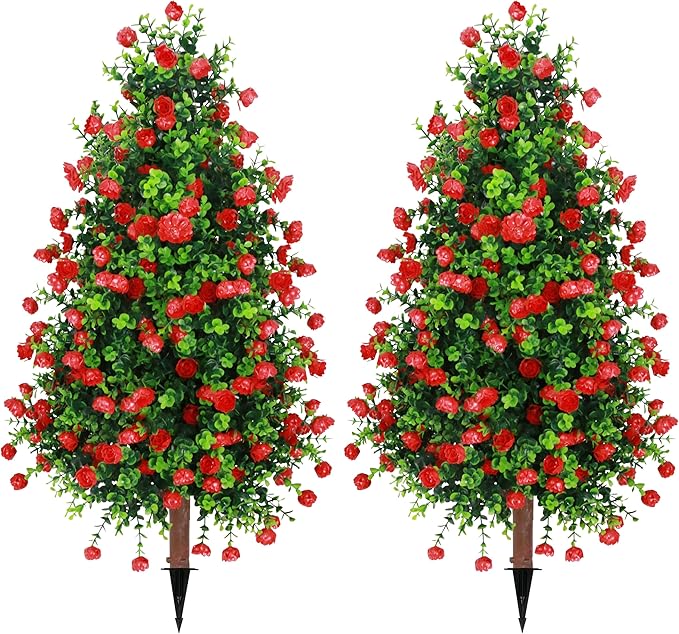 Sunnyglade 2 Packs 27.5" Artificial Rose Tree, Fake Rose Shrub Bushes Trees with Spike Faux Topiary Plants Tree for Indoor, Garden, Yard, Porch, Patio Decor