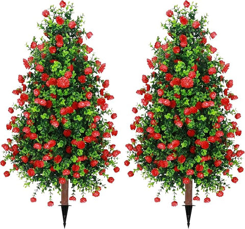 Sunnyglade 2 Packs 27.5" Artificial Rose Tree, Fake Rose Shrub Bushes Trees with Spike Faux Topiary Plants Tree for Indoor, Garden, Yard, Porch, Patio Decor
