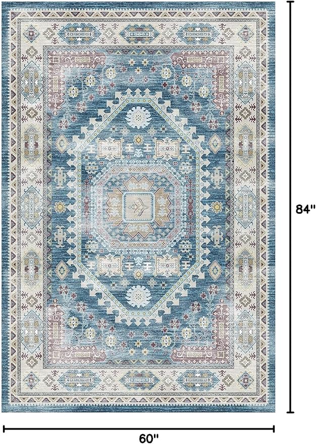 vivorug Blue 5x7 Area Rugs - Ultra-Thin Washable Rug with Non-Slip Backing, Ideal for Living Room, Bedroom, Dining Room Indoor - Vintage, Easy Clean, Durable, Low Pile Rug