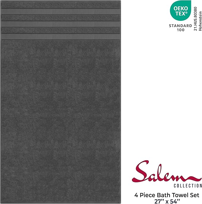 American Soft Linen Salem 100% Cotton Turkish 4 Piece Bath Towels for Bathroom, 600 GSM Soft Absorbent Quick Dry Bath Towel Set, Dark Gray