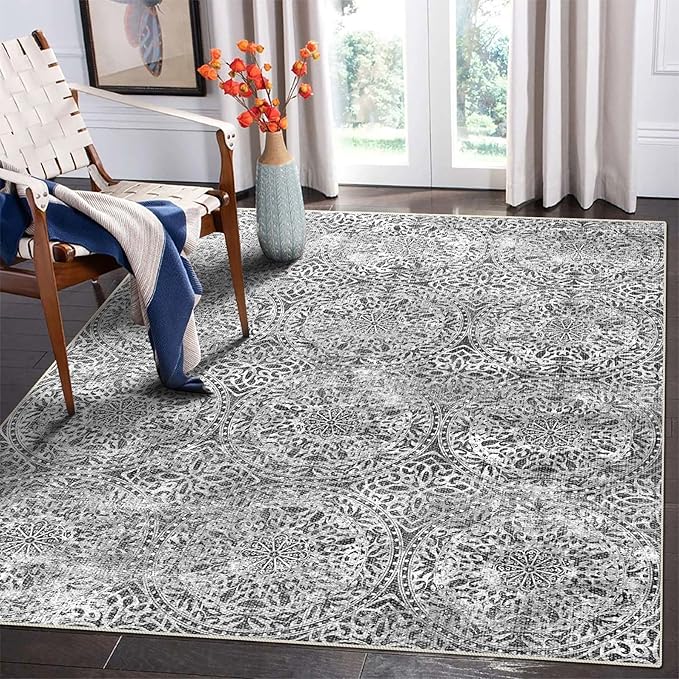 vivorug 5x7 Area Rugs - Ultra-Thin Washable Rug with Non-Slip Backing, Ideal for Living Room, Bedroom, Kitchen Floor Carpet - Vintage Medallion, Easy Clean, Durable, Grey