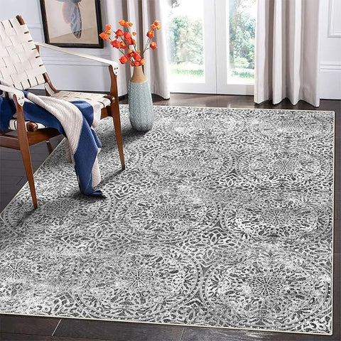 vivorug 5x7 Area Rugs - Ultra-Thin Washable Rug with Non-Slip Backing, Ideal for Living Room, Bedroom, Kitchen Floor Carpet - Vintage Medallion, Easy Clean, Durable, Grey