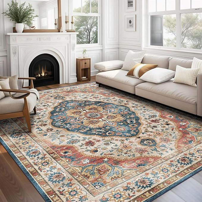 vivorug 4x6 Rug, Small Area Rug for Living Room, Bedroom, Kitchen, Machine Washable Non-Slip Throw Rug, Vintage Carpet for Entryway Nursery Coffee Table - Durable (Beige)