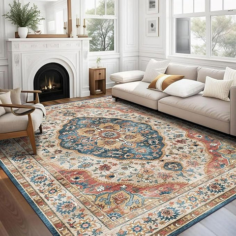 vivorug 6x9 Area Rug, Ultra-Soft Washable Rug for Living Room, Dinner Room, Bedroom, Non-Slip Vintage Beige Rug, Indoor Carpet Large Area Rug