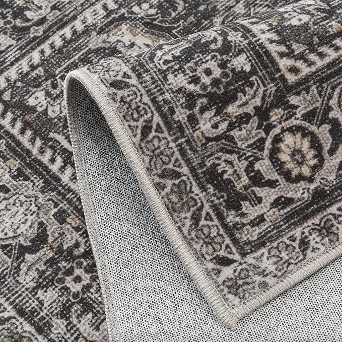 10x14 Washable Area Rug Black Vintage Distressed Living Room Bedroom Large Throw Rug Non Slip Low Pile Soft Accent Indoor Floor Carpet for Dining Room Office Entryway Kitchen