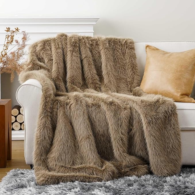 BATTILO HOME Luxury Fluffy Tan Faux Fur Throw Blanket, Super Soft Cozy Warm Fur Blanket for Couch, Sofa, Chair, Bed, Plush Fuzzy Fur Throws with Long Pile, 50"x60"