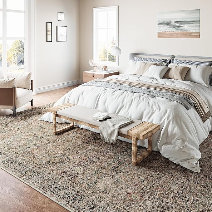 10x14 Washable Area Rug Brown Vintage Distressed Living Room Bedroom Large Throw Rug Non Slip Low Pile Soft Accent Indoor Floor Carpet for Dining Room Office Entryway Kitchen