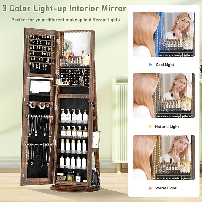 LED Mirror Jewelry Cabinet Standing, Jewelry Armoire with Full-Length Mirror, 360° Swivel Jewelry Cabinet with Adjustable LED Lights, Rustic Brown