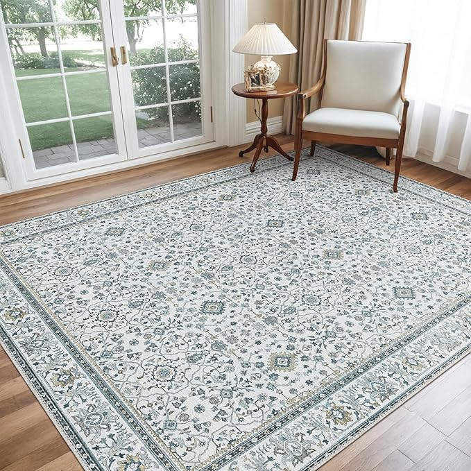 GENIMO Washable Area Rugs for Living Room Bedroom, 8x10 Boho Vintage Non Slip Rug, Low Pile Soft Floral Indoor Floor Carpet Cover for Dining Room Kitchen, Retro Gray Blue