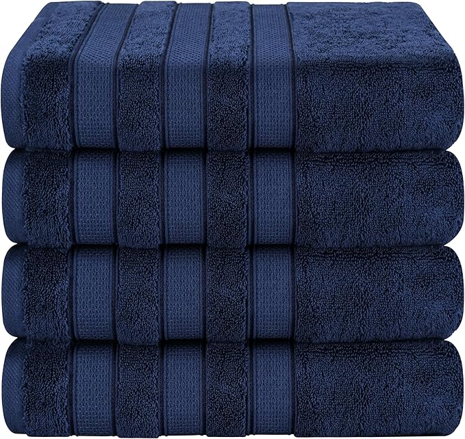 American Soft Linen Salem 100% Cotton Turkish 4 Piece Bath Towels for Bathroom, 600 GSM Soft Absorbent Quick Dry Bath Towel Set, Navy Blue