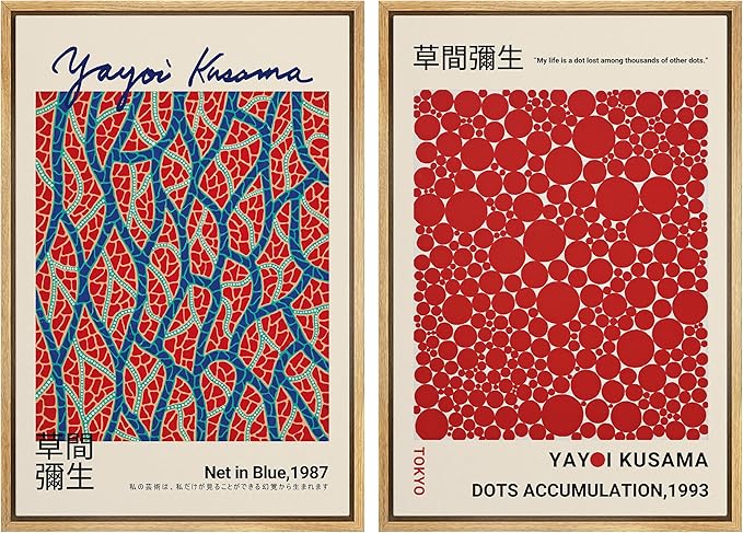 MUDECOR Framed Canvas Print Wall Art Blue Red Dots by Yayoi Kusama Japanese Nature Illustration Modern Art Decorative Multicolor Geometric Minimal for Bedroom - 24"x36"x2 Natural