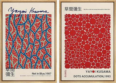 MUDECOR Framed Canvas Print Wall Art Blue Red Dots by Yayoi Kusama Japanese Nature Illustration Modern Art Decorative Multicolor Geometric Minimal for Bedroom - 16"x24"x2 Natural