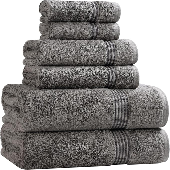 Superior Egyptian Cotton 6-Piece Towel Set, Assorted Towels for Home Bathroom, Master, Guest Bath, Decor Essentials, Includes 2 Bath, 2 Hand, 2 Face Towels/Washcloths, Quick Dry, Absorbent, Charcoal