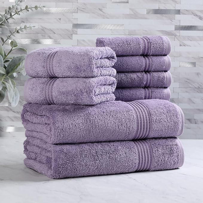 Superior Egyptian Cotton 8-Piece Towel Set, Assorted Towels for Home Bathroom, Guest Bath Decor Essentials, Includes 2 Bath, 4 Hand, 2 Face Towels/Washcloths, Quick Dry, Absorbent, Royal Purple