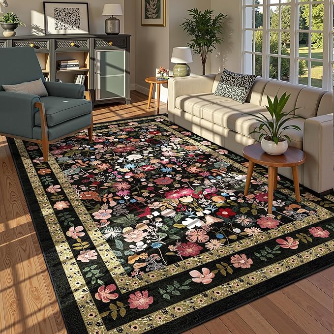 Deerly Floral Area Rug 6x9 for Living Room Vintage Large Washable Non-Slip Bedroom Carpet Soft Low Pile Thin Floor Mat Indoor for Dining Room Playroom Nursery Farmhouse, Black/Multi