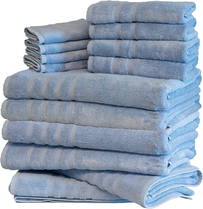 Mosobam Luxury Turkish 14pc XL Deluxe Bath Bundle Body Hand Face Towel and Mat Allure Blue 700 GSM & 1000 GSM Bamboo Viscose & Aegean Turkish Combed Cotton