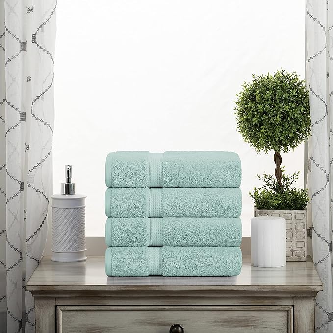 BLUENILEMILLS BNM Egyptian Cotton 4-Piece Towel Set, Includes 4 Hand Towels, Attached Loop for Easy Hanging and Storage, Hotel Quality, Perfect for Bathroom, Gym, Shower Space, or Spa, Sea Foam