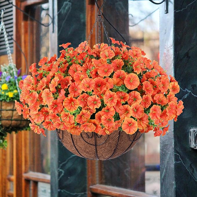Artificial Fall Hanging Flower Plants Basket for Outdoors, Fake Flowers 12 Bundles Faux Silk Morning Glory for Planter Realistic UV Resistant Artificial Flowers for Outside Porch Garden Patio, Orange